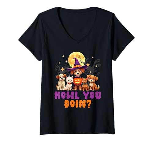 Damen Happy Halloween Hundebesitzer gruseliger Welpe Trick or Treat T-Shirt mit V-Ausschnitt Damen Happy Halloween Hundebesitzer gruseliger Welpe Trick or Treat T-Shirt mit V-Ausschnitt von Happy Halloween Dog Trick Or Treat Spooky Scary