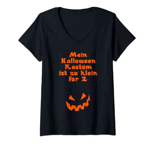 Damen Mein Halloween Kostüm zu klein für 2 Baby Kürbis Schwanger T-Shirt mit V-Ausschnitt Damen Mein Halloween Kostüm zu klein für 2 Baby Kürbis Schwanger T-Shirt mit V-Ausschnitt von Happy Halloween Kürbis Schwangerschaft Ankündigung