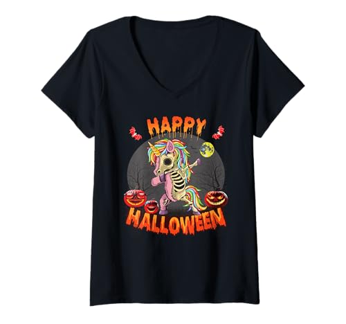 Damen Dab Skelett Einhorn Halloween Kostüm Kinder Unicorn Zombie T-Shirt mit V-Ausschnitt Damen Dab Skelett Einhorn Halloween Kostüm Kinder Unicorn Zombie T-Shirt mit V-Ausschnitt von Happy Halloween Kostüm Mädchen & Damen Einhorn