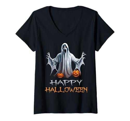 Damen Happy Halloween Geist & Kürbisgesichter Design T-Shirt mit V-Ausschnitt Damen Happy Halloween Geist & Kürbisgesichter Design T-Shirt mit V-Ausschnitt von Happy Halloween Party Geist Kürbis Geschenke