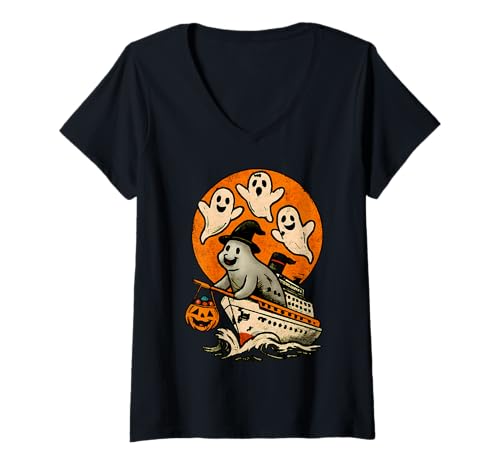 Damen Gruseliges Kreuzfahrtschiff Halloween Reise Gruselige Kürbiskreuzfahrt T-Shirt mit V-Ausschnitt Damen Gruseliges Kreuzfahrtschiff Halloween Reise Gruselige Kürbiskreuzfahrt T-Shirt mit V-Ausschnitt von Happy Halloween Spooky Pumpkin Cruise