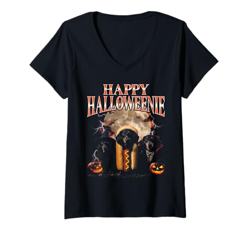 Damen Happy Halloweenie Funny Bootleg Halloween Dackel Wiener T-Shirt mit V-Ausschnitt Damen Happy Halloweenie Funny Bootleg Halloween Dackel Wiener T-Shirt mit V-Ausschnitt von Happy Halloweenie Funny Bootleg Halloween