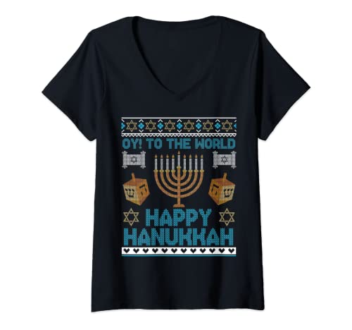 Damen Ugly Chanukkah, Chanukkah, Oy! To The World Happy Hanukkah T-Shirt mit V-Ausschnitt Damen Ugly Chanukkah, Chanukkah, Oy! To The World Happy Hanukkah T-Shirt mit V-Ausschnitt von Happy Hanukkah Shirts
