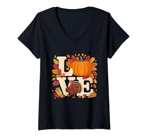 Damen Herbstliebe: Truthahn & Kürbis für Erntedank T-Shirt mit V-Ausschnitt Damen Herbstliebe: Truthahn & Kürbis für Erntedank T-Shirt mit V-Ausschnitt von Happy Harvest Designs