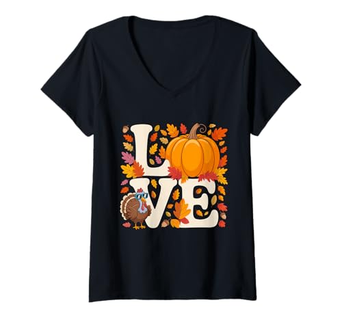 Damen Herbstliebe: Truthahn & Kürbis für Erntedank T-Shirt mit V-Ausschnitt Damen Herbstliebe: Truthahn & Kürbis für Erntedank T-Shirt mit V-Ausschnitt von Happy Harvest Designs