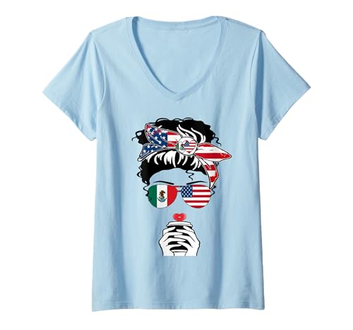Damen Mexikanischer amerikanischer Kaffee Mama Mädchen Schwester Tante Mexiko USA Flagge T-Shirt mit V-Ausschnitt Damen Mexikanischer amerikanischer Kaffee Mama Mädchen Schwester Tante Mexiko USA Flagge T-Shirt mit V-Ausschnitt von Happy Hispanic Heritage Month Mexican American Tee