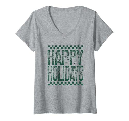 Damen Happy Holidays Retro Checkered Holiday Merry Christmas Zitat T-Shirt mit V-Ausschnitt Damen Happy Holidays Retro Checkered Holiday Merry Christmas Zitat T-Shirt mit V-Ausschnitt von Happy Holidays T-Shirt Co.