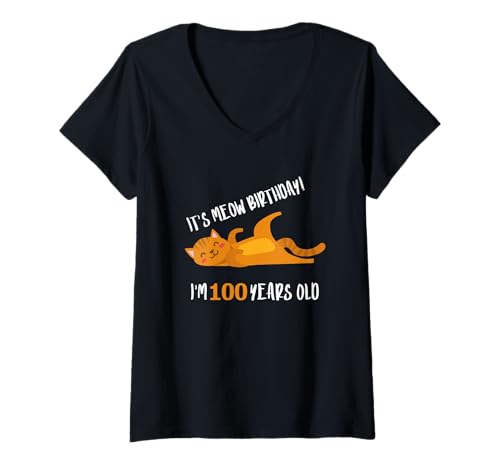Damen It's Meow Geburtstag 100. Geburtstag Katzenliebhaber lustig 100 Jahre alt T-Shirt mit V-Ausschnitt Damen It's Meow Geburtstag 100. Geburtstag Katzenliebhaber lustig 100 Jahre alt T-Shirt mit V-Ausschnitt von Happy Hundredth BDay Party Fun Cat 100 Years Old