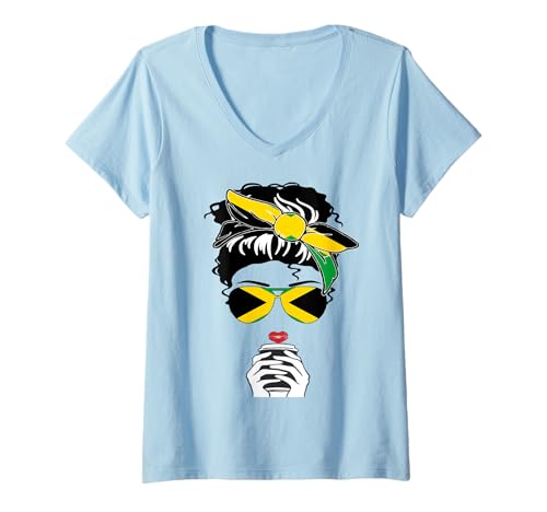 Damen Coole Jamaikanische Kaffeetasse Mama Mama Mädchen Tante Jamaika Flagge Grafik T-Shirt mit V-Ausschnitt Damen Coole Jamaikanische Kaffeetasse Mama Mama Mädchen Tante Jamaika Flagge Grafik T-Shirt mit V-Ausschnitt von Happy Jamaica Independence Day Proud Jamaican