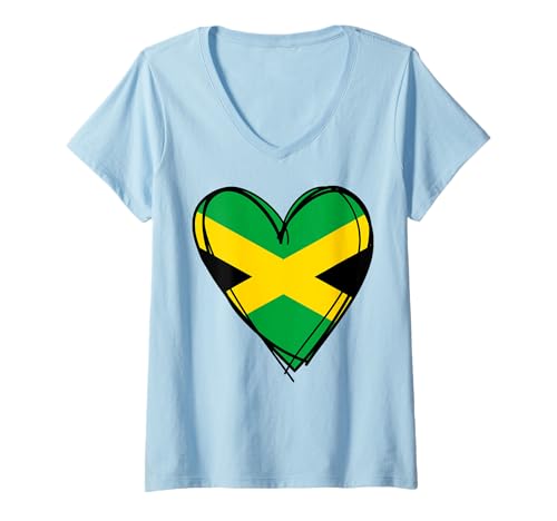 Damen I Love Jamaica Cool Jamaika Flagge Herz Design Jamaican Pride T-Shirt mit V-Ausschnitt Damen I Love Jamaica Cool Jamaika Flagge Herz Design Jamaican Pride T-Shirt mit V-Ausschnitt von Happy Jamaica Independence Day Proud Jamaican