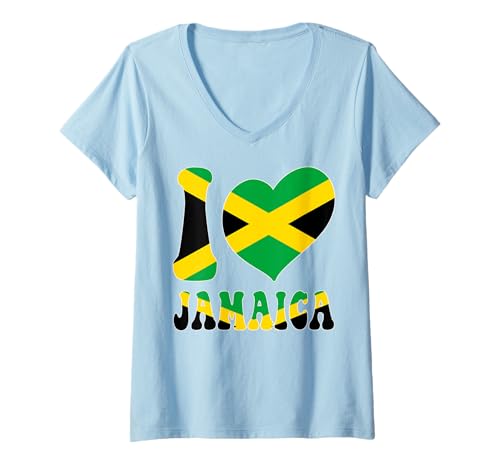 Damen I Love Jamaica I Love Kingston Jamaika Flagge Herz Grafik T-Shirt mit V-Ausschnitt Damen I Love Jamaica I Love Kingston Jamaika Flagge Herz Grafik T-Shirt mit V-Ausschnitt von Happy Jamaica Independence Day Proud Jamaican
