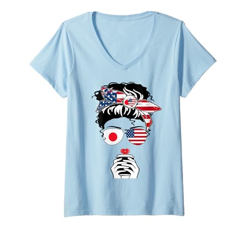 Damen Japanische amerikanische Kaffeetasse Mutter Mädchen Schwester Tante Japan USA Flagge T-Shirt mit V-Ausschnitt Damen Japanische amerikanische Kaffeetasse Mutter Mädchen Schwester Tante Japan USA Flagge T-Shirt mit V-Ausschnitt von Happy Japan America Day Japanese American Pride