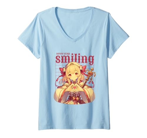 Damen Never Stop Smiling – Niedliche Anime-Girl-Figur, japanische Kunst T-Shirt mit V-Ausschnitt Damen Never Stop Smiling – Niedliche Anime-Girl-Figur, japanische Kunst T-Shirt mit V-Ausschnitt von Happy Kawaii