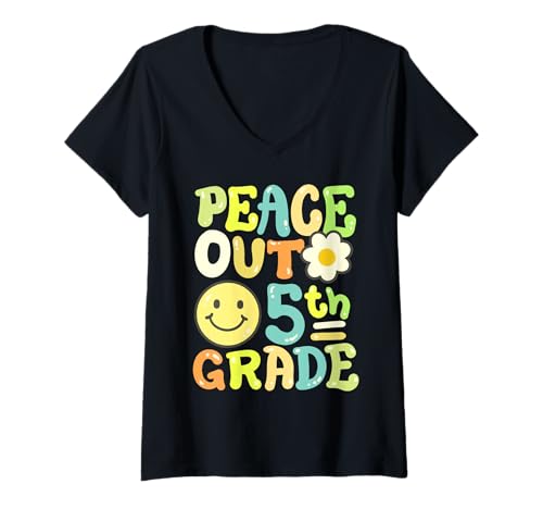 Damen Retro Groovy Peace Out 5th Grade Fifth Grade Mädchen Jungen T-Shirt mit V-Ausschnitt Damen Retro Groovy Peace Out 5th Grade Fifth Grade Mädchen Jungen T-Shirt mit V-Ausschnitt von Happy Last Day of School Outfit Gifts