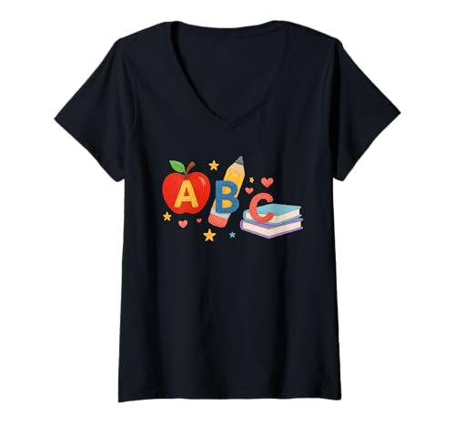 Damen ABC Alphabet Bleistift Bücher Lehrer Back to School T-Shirt mit V-Ausschnitt Damen ABC Alphabet Bleistift Bücher Lehrer Back to School T-Shirt mit V-Ausschnitt von Happy Learning Classroom