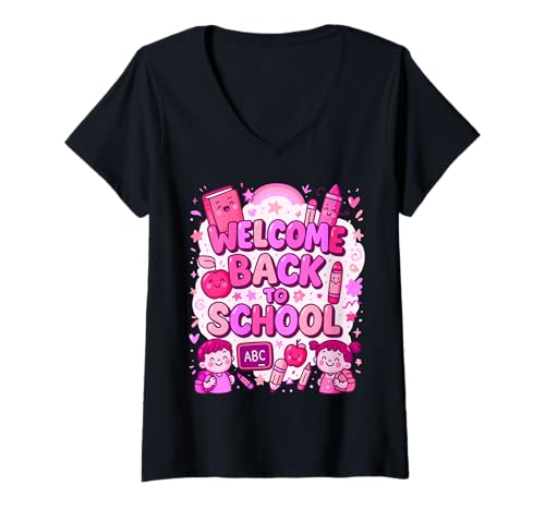 Damen Willkommen zurück in der Schule Süßer und glücklicher Mädchenstil T-Shirt mit V-Ausschnitt Damen Willkommen zurück in der Schule Süßer und glücklicher Mädchenstil T-Shirt mit V-Ausschnitt von Happy Learning Vibes