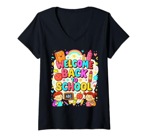 Damen Willkommen zurück in die Schule, lustiges Design für jedes Alter T-Shirt mit V-Ausschnitt Damen Willkommen zurück in die Schule, lustiges Design für jedes Alter T-Shirt mit V-Ausschnitt von Happy Learning Vibes