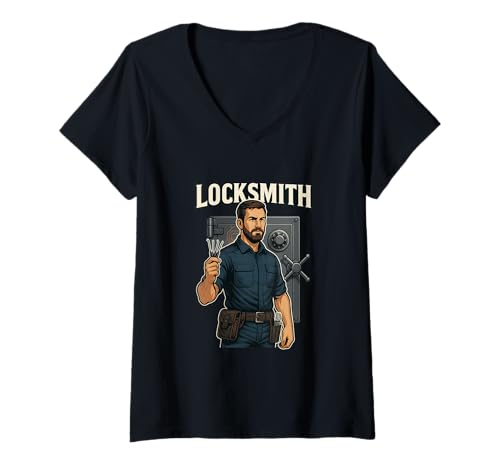 Damen Locksmith Hero Shop bereit, Meister der Schlüssel und Tresore, Schlossstocher T-Shirt mit V-Ausschnitt Damen Locksmith Hero Shop bereit, Meister der Schlüssel und Tresore, Schlossstocher T-Shirt mit V-Ausschnitt von Happy Locksmiths Shop Ready Designs