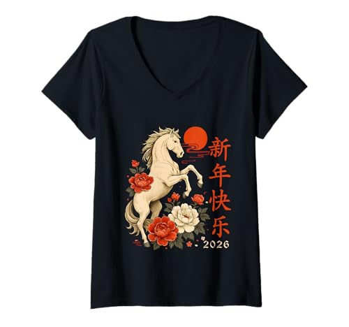 Damen Chinesisches Neujahr 2026 Jahr des Pferdes 2026 T-Shirt mit V-Ausschnitt Damen Chinesisches Neujahr 2026 Jahr des Pferdes 2026 T-Shirt mit V-Ausschnitt von Happy Lunar New Year Chinese Zodiac Tee