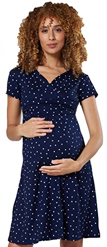 HAPPY MAMA Boutique Damen Viskosejersey Umstandskleid Schwangerschafts Kleid Kurzarm 108p (Marine mit kleinen weißen Punkten, 36, S) von HAPPY MAMA