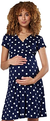 HAPPY MAMA Boutique Damen Viskosejersey Umstandskleid Schwangerschafts Kleid Kurzarm 108p (Navy mit Großen Punkten, 44, 2XL) von HAPPY MAMA