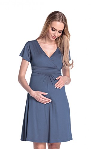 HAPPY MAMA Boutique Damen Viskosejersey Umstandskleid Schwangerschafts Kleid Kurzarm 108p (Blau Grau, 36, S) von HAPPY MAMA