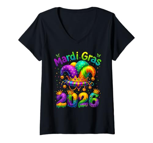 Damen Fasching 2026 Narren Happy Karneval Fasching Karneval Herren Damen T-Shirt mit V-Ausschnitt Damen Fasching 2026 Narren Happy Karneval Fasching Karneval Herren Damen T-Shirt mit V-Ausschnitt von Happy Mardi Gras Carnival 2026 Apparel For Family