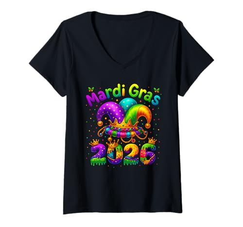 Damen Happy Mardi Gras Karneval Fasching 2026 Narren Männer Frauen T-Shirt mit V-Ausschnitt Damen Happy Mardi Gras Karneval Fasching 2026 Narren Männer Frauen T-Shirt mit V-Ausschnitt von Happy Mardi Gras Carnival 2026 Apparel For Family