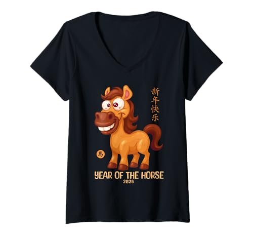 Damen Silvester Party Outfit Neujahr China Jahr des Pferdes 2026 T-Shirt mit V-Ausschnitt Damen Silvester Party Outfit Neujahr China Jahr des Pferdes 2026 T-Shirt mit V-Ausschnitt von Happy New Year 2026 Silvester Party Outfit