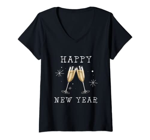 Damen Neujahr Silvester Prosecco Toast frohes neues Jahr (D010-0646A) T-Shirt mit V-Ausschnitt von Happy New Year Gift Ideas