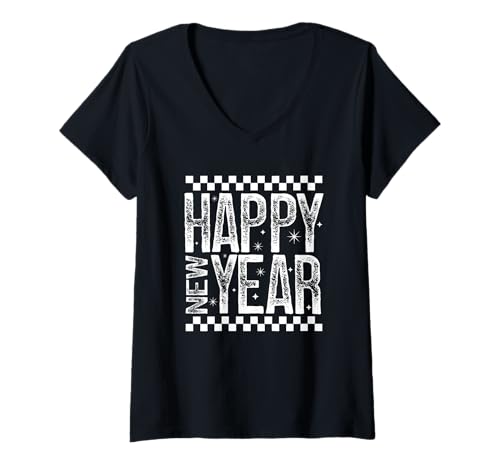 Damen Happy New Year 2026 Retro Checkered Positive Zitat T-Shirt mit V-Ausschnitt Damen Happy New Year 2026 Retro Checkered Positive Zitat T-Shirt mit V-Ausschnitt von Happy New Year T-Shirt Co.
