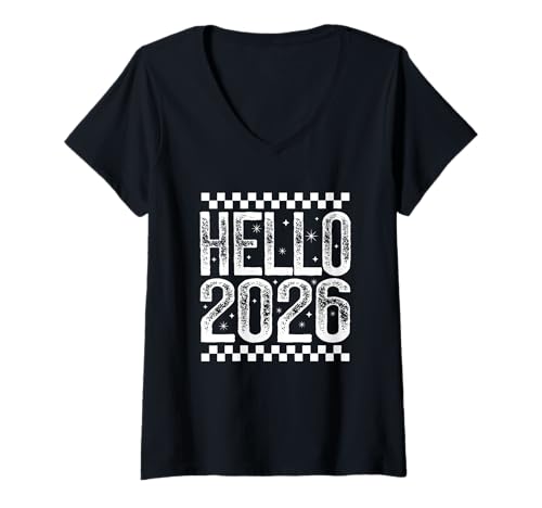 Damen Happy New Year Hello 2026 Retro Checkered Positive Zitat T-Shirt mit V-Ausschnitt Damen Happy New Year Hello 2026 Retro Checkered Positive Zitat T-Shirt mit V-Ausschnitt von Happy New Year T-Shirt Co.