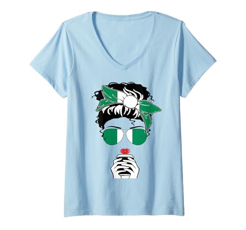 Damen Coole nigerianische Kaffeetasse Mama Mama Mädchen Tante Nigeria Flagge Grafik T-Shirt mit V-Ausschnitt von Happy Nigeria Independence Day I Love Abuja Tee