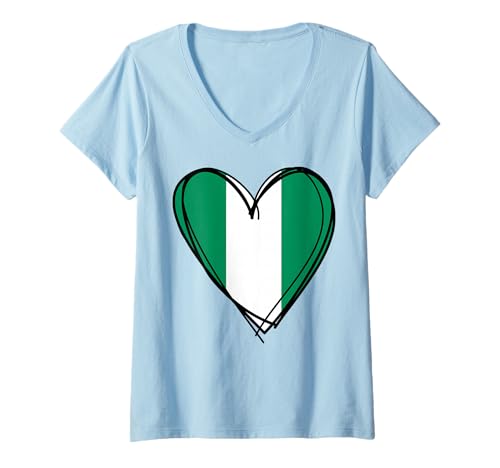 Damen Stolzer nigerianischer Junge Mädchen Schwester Tante Papa Mama Nigeria Flagge Herz T-Shirt mit V-Ausschnitt Damen Stolzer nigerianischer Junge Mädchen Schwester Tante Papa Mama Nigeria Flagge Herz T-Shirt mit V-Ausschnitt von Happy Nigeria Independence Day I Love Abuja Tee