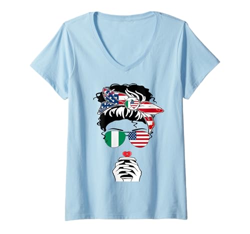 Damen Nigerianische Amerikanische Kaffee Mama Mädchen Schwester Tante Nigeria US-Flagge T-Shirt mit V-Ausschnitt Damen Nigerianische Amerikanische Kaffee Mama Mädchen Schwester Tante Nigeria US-Flagge T-Shirt mit V-Ausschnitt von Happy Nigerian American Day Nigerian American Tee