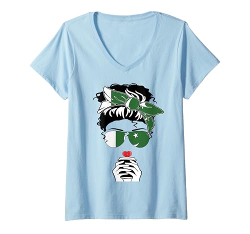 Damen Coole pakistanische Kaffeetasse Mama Mama Mädchen Tante Pakistan Flagge Druck T-Shirt mit V-Ausschnitt Damen Coole pakistanische Kaffeetasse Mama Mama Mädchen Tante Pakistan Flagge Druck T-Shirt mit V-Ausschnitt von Happy Pakistan Independence Day I Love Islamabad