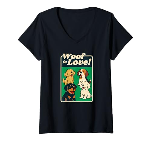 Damen Woof ist Love Lust Funny Dog Lover Retro Style Vintage T-Shirt mit V-Ausschnitt Damen Woof ist Love Lust Funny Dog Lover Retro Style Vintage T-Shirt mit V-Ausschnitt von Happy Paws Collective