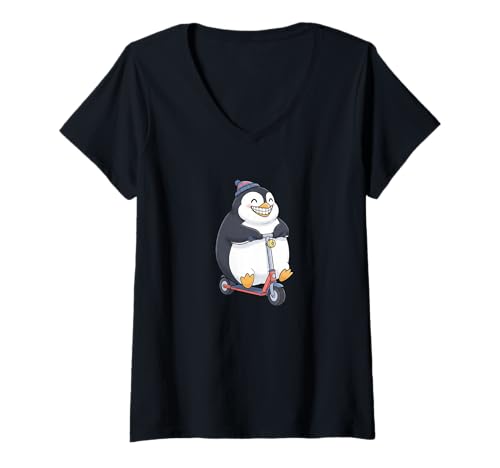 Damen Niedlicher Pinguin auf Roller, lustiger Cartoon T-Shirt mit V-Ausschnitt Damen Niedlicher Pinguin auf Roller, lustiger Cartoon T-Shirt mit V-Ausschnitt von Happy Penguin Roller Scooter Kids Designs