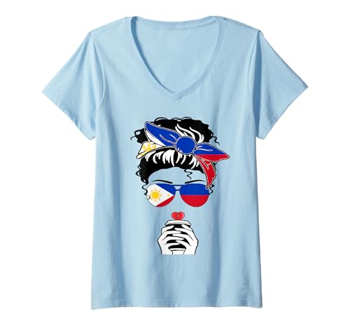 Damen Coole Filipino Coffee Mama Girl Tante Philippinen Flagge Grafik T-Shirt mit V-Ausschnitt Damen Coole Filipino Coffee Mama Girl Tante Philippinen Flagge Grafik T-Shirt mit V-Ausschnitt von Happy Philippines Independence Day I Love Manila