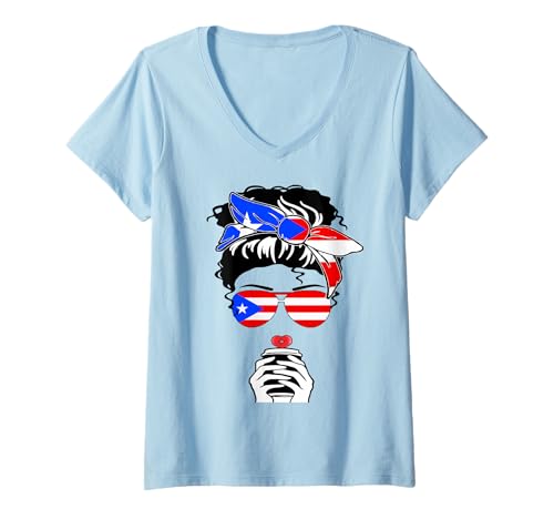 Damen Coole Puerto Rican Coffee Mama Mom Girl Aunt Puerto Rico Flagge T-Shirt mit V-Ausschnitt Damen Coole Puerto Rican Coffee Mama Mom Girl Aunt Puerto Rico Flagge T-Shirt mit V-Ausschnitt von Happy Puerto Rico Independence Proud Puerto Rican