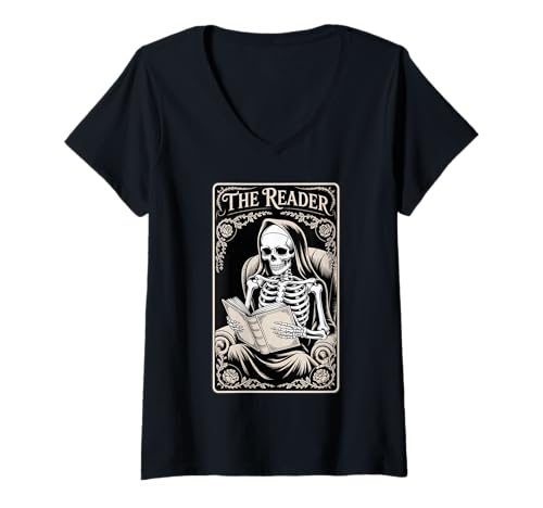 Damen The Reader Book Lover Tarot-Stil Gothic Story Skelett T-Shirt mit V-Ausschnitt Damen The Reader Book Lover Tarot-Stil Gothic Story Skelett T-Shirt mit V-Ausschnitt von Happy Reader and Book Enthusiast Designs