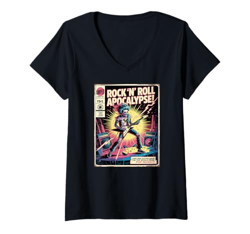 Damen Gitarristen Rock n Roll Comic-Stil Band Musiker Live-Musik T-Shirt mit V-Ausschnitt Damen Gitarristen Rock n Roll Comic-Stil Band Musiker Live-Musik T-Shirt mit V-Ausschnitt von Happy Rock Guitar and Band Designs