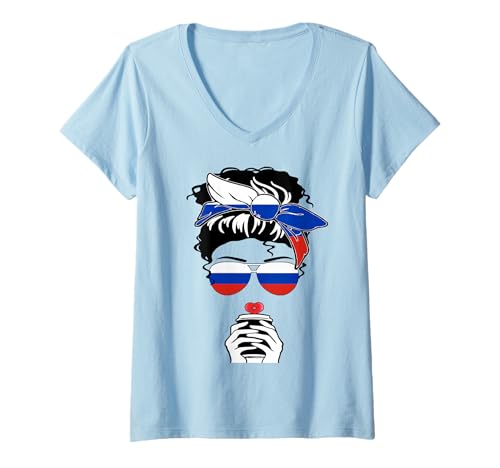 Damen Cooler russischer Kaffee Mama Mama Mädchen Schwester Tante Russland Flagge Druck T-Shirt mit V-Ausschnitt Damen Cooler russischer Kaffee Mama Mama Mädchen Schwester Tante Russland Flagge Druck T-Shirt mit V-Ausschnitt von Happy Russia Independence Day I Love Moscow Tee