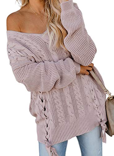 Happy Sailed Damen V-Ausschnitt Langarm Strickpullover Strickpulli Stricksweater Stricksweatshirt Strick Langarmshirt S-XL (Rosa, S (EU36-38)) von Happy Sailed