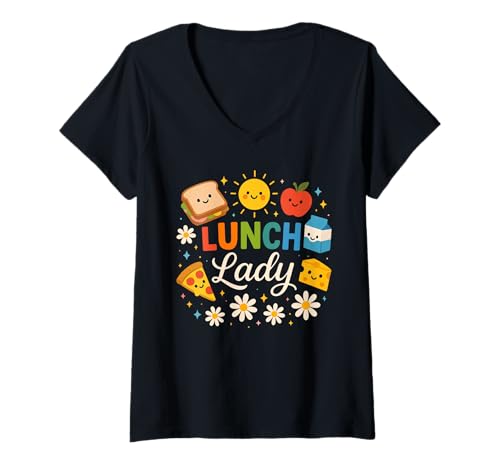 Damen Lunch Lady Buntes süßes Essen für den Schulanfang T-Shirt mit V-Ausschnitt Damen Lunch Lady Buntes süßes Essen für den Schulanfang T-Shirt mit V-Ausschnitt von Happy School Kitchen Crew