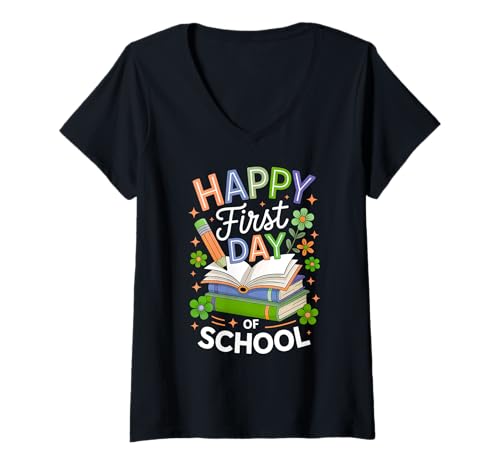Damen Lustiger Schulanfang T-Shirt mit V-Ausschnitt Damen Lustiger Schulanfang T-Shirt mit V-Ausschnitt von Happy School Start School Quote