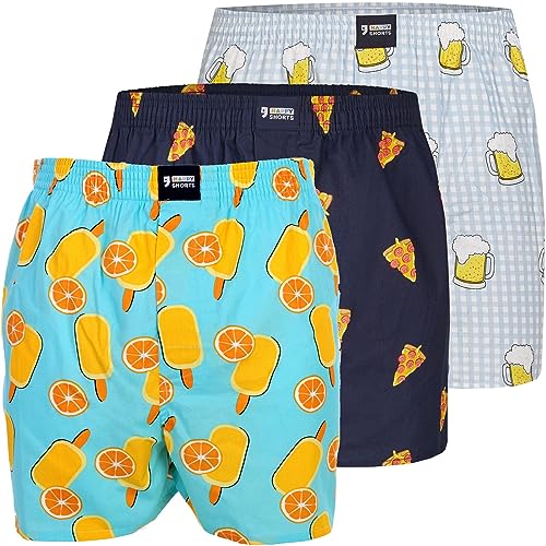 Happy Shorts 3er Pack Webboxer Herren Boxer Motiv Boxershorts Farbwahl, Farbe:Bier - Pizza - EIS, Grösse:L von Happy Shorts