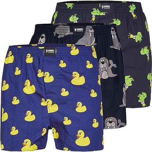 Happy Shorts 3er Pack Webboxer Herren Boxer Motiv Boxershorts Farbwahl, Farbe:Ente - Walross - Frosch, Grösse:M von Happy Shorts