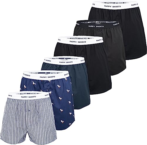 Happy Shorts Herren Boxershorts Unterhose 6er Pack Mix - Möwe-Solid Black - Größe M von Happy Shorts