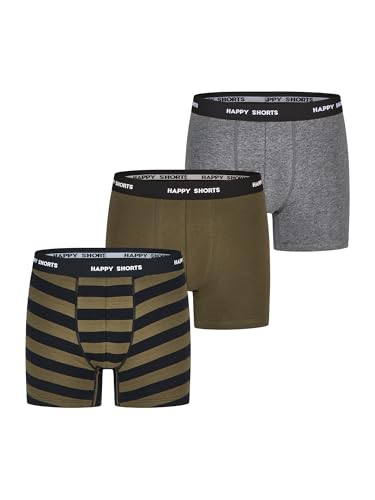 Happy Shorts Herren Retro Boxer 3-Pack Jersey - Stripe - Olive Night - Größe L von Happy Shorts
